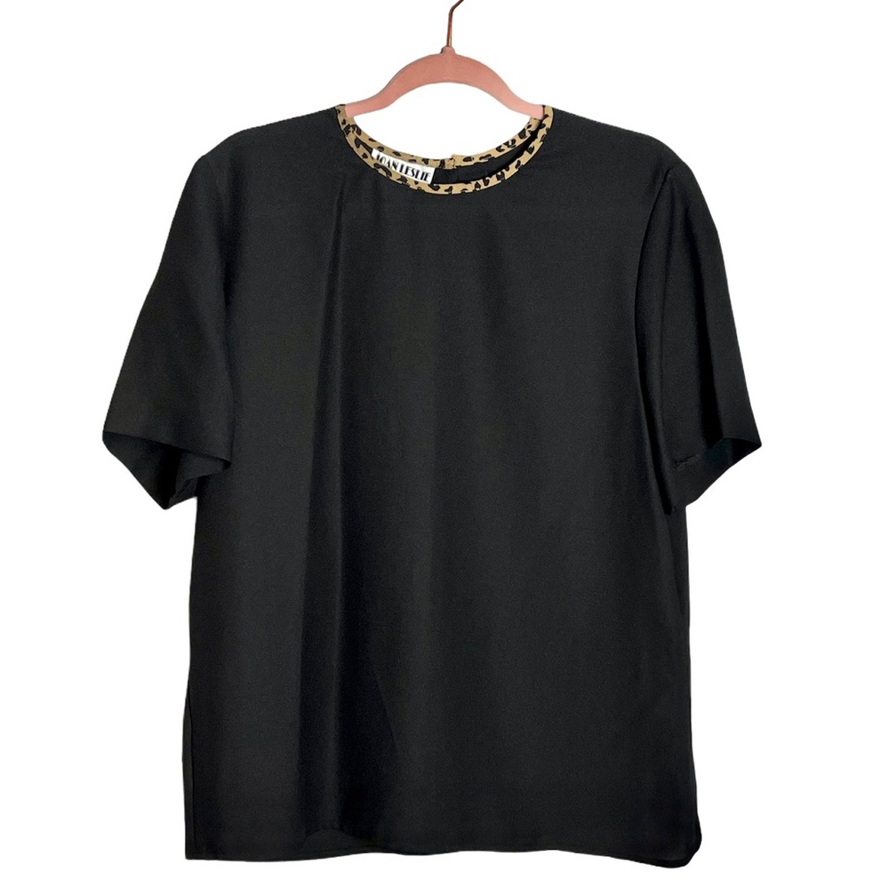 Vintage Joan Leslie black blouse leopard trim